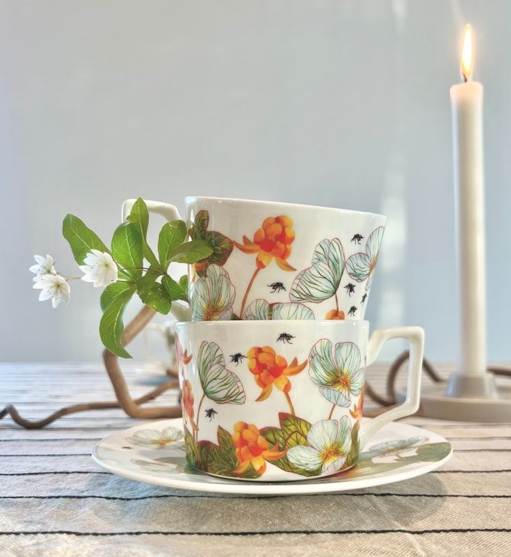 Kopp med Fat Hjortronblomning Porslin 